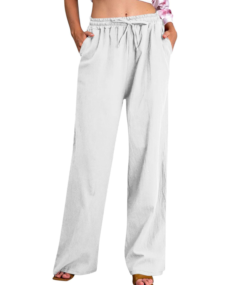 Pantaloni Megan da donna – Pantaloni ampi in cotone e lino con vita elastica, coulisse e tasche