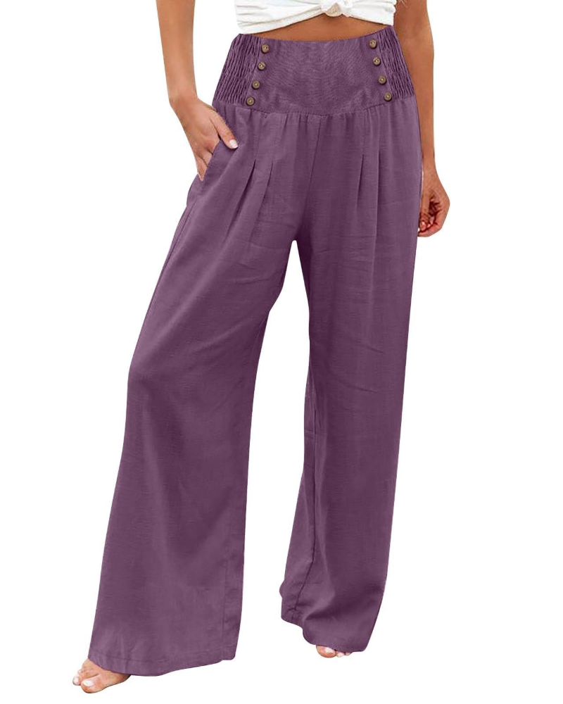 Pantalón de mujer Skylar – Pantalón ancho de algodón y lino, de cintura alta elástica y con bolsillos