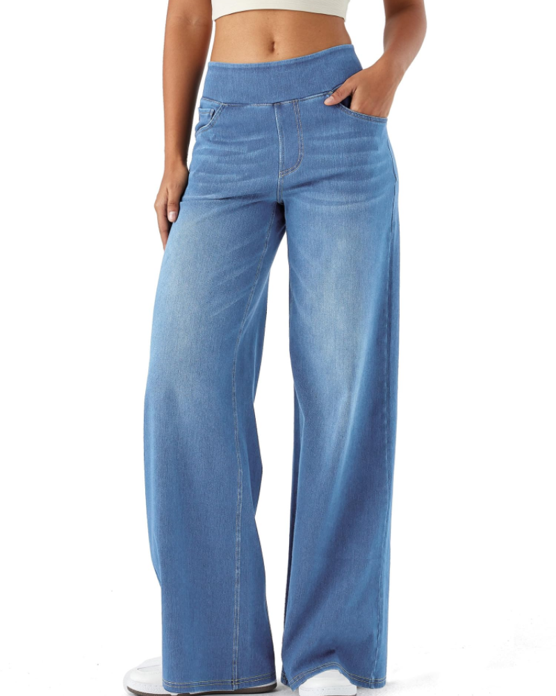 Keira Jean Large Femme – Pantalon Taille Haute Effet Denim Extensible à Jambe Large