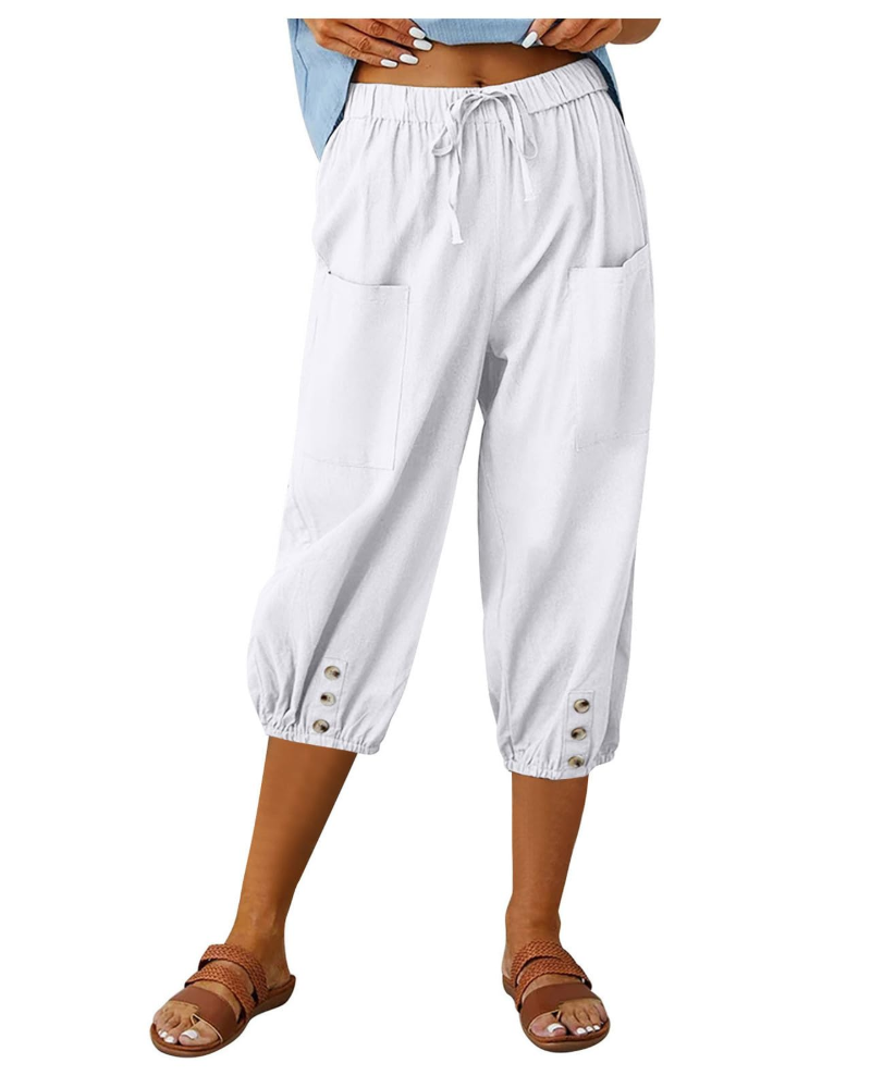Aspen Pantalon Femme – Pantalon Large Coton Lin Taille Haute Élastique avec Poches
