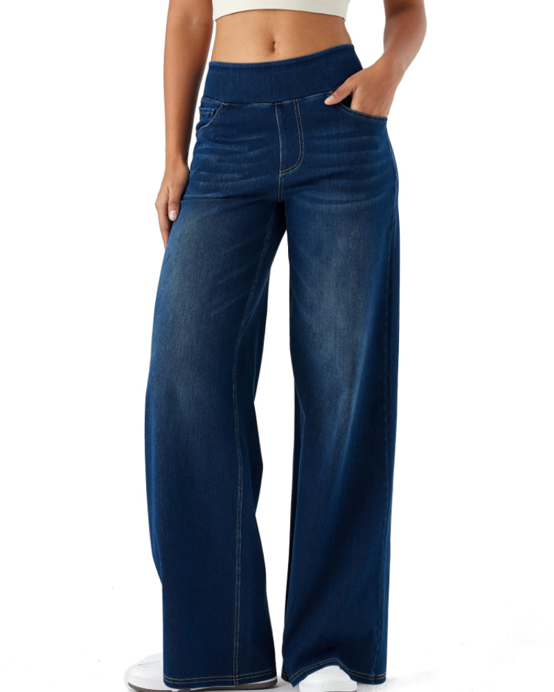 Keira Jean Large Femme – Pantalon Taille Haute Effet Denim Extensible à Jambe Large