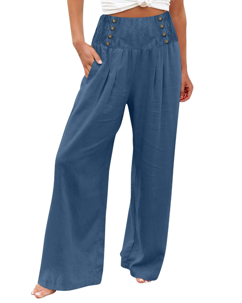 Pantalón de mujer Skylar – Pantalón ancho de algodón y lino, de cintura alta elástica y con bolsillos