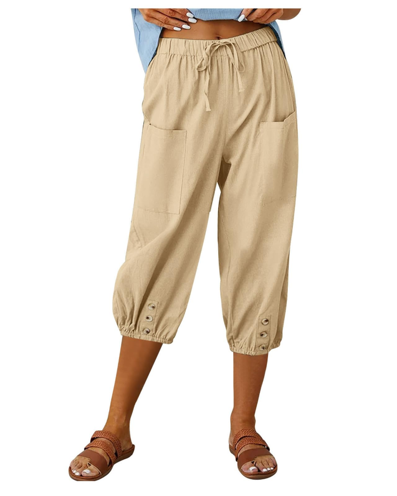 Aspen Pantalon Femme – Pantalon Large Coton Lin Taille Haute Élastique avec Poches