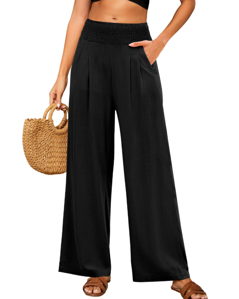 Ainsley Pantalon en Lin Femme – Palazzo Taille Haute Élastique avec Poches Ample