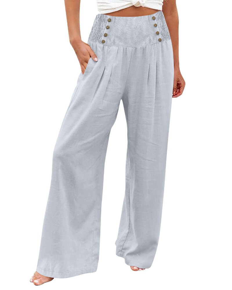 Pantalón de mujer Skylar – Pantalón ancho de algodón y lino, de cintura alta elástica y con bolsillos
