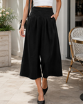 Rowan Pantalon Femme – Pantalon Large en Mélange de Lin Taille Haute Élastique avec Poches