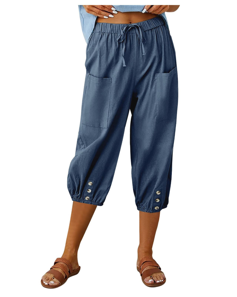 Aspen Pantalon Femme – Pantalon Large Coton Lin Taille Haute Élastique avec Poches