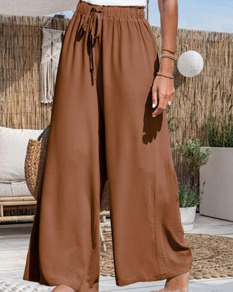 Pantaloni Presley da donna – Pantaloni larghi vita alta con coulisse fluidi per spiaggia e vacanze