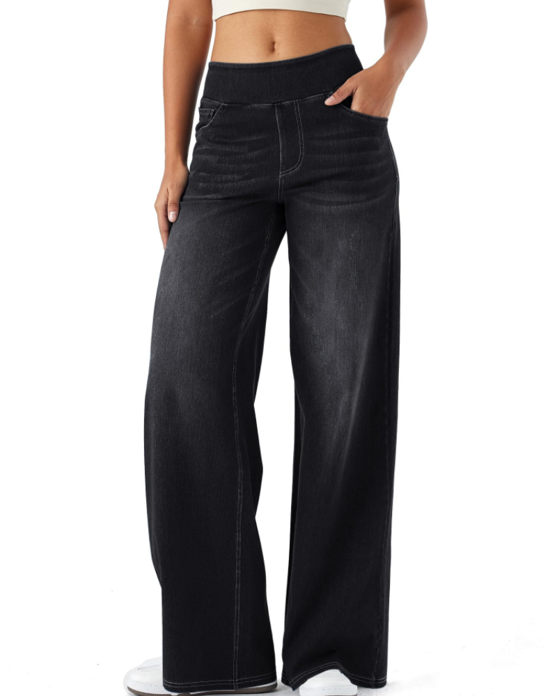 Keira Jean Large Femme – Pantalon Taille Haute Effet Denim Extensible à Jambe Large