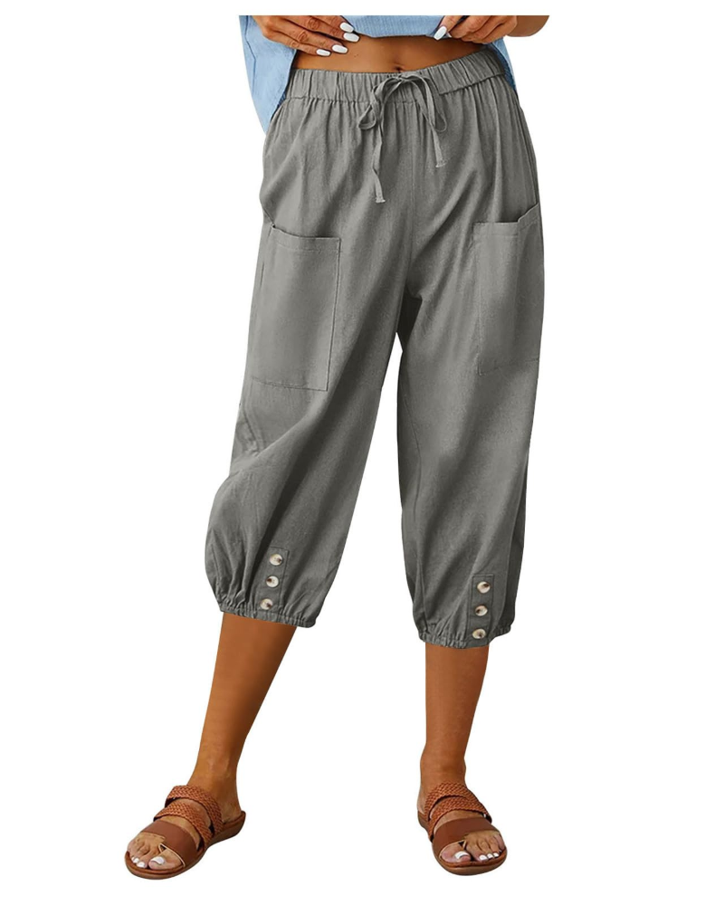 Aspen Pantalon Femme – Pantalon Large Coton Lin Taille Haute Élastique avec Poches