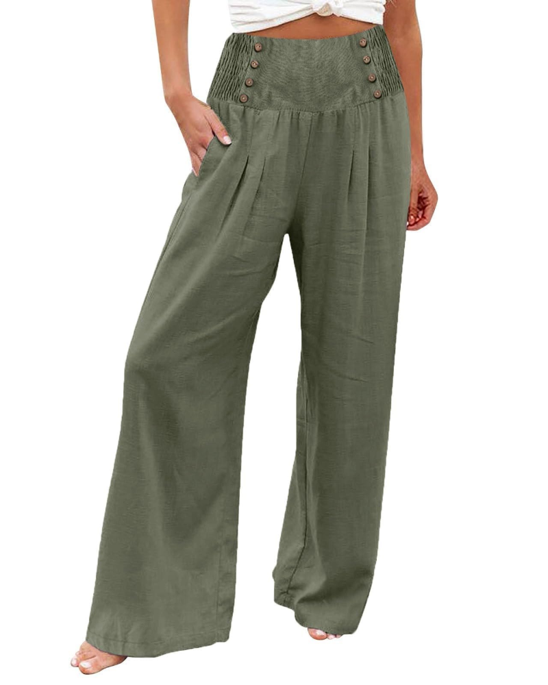 Pantalón de mujer Skylar – Pantalón ancho de algodón y lino, de cintura alta elástica y con bolsillos