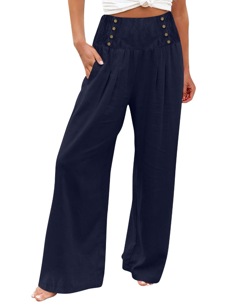 Skylar Pantalon Femme – Pantalon Large Coton Lin Taille Haute Élastique avec Poches