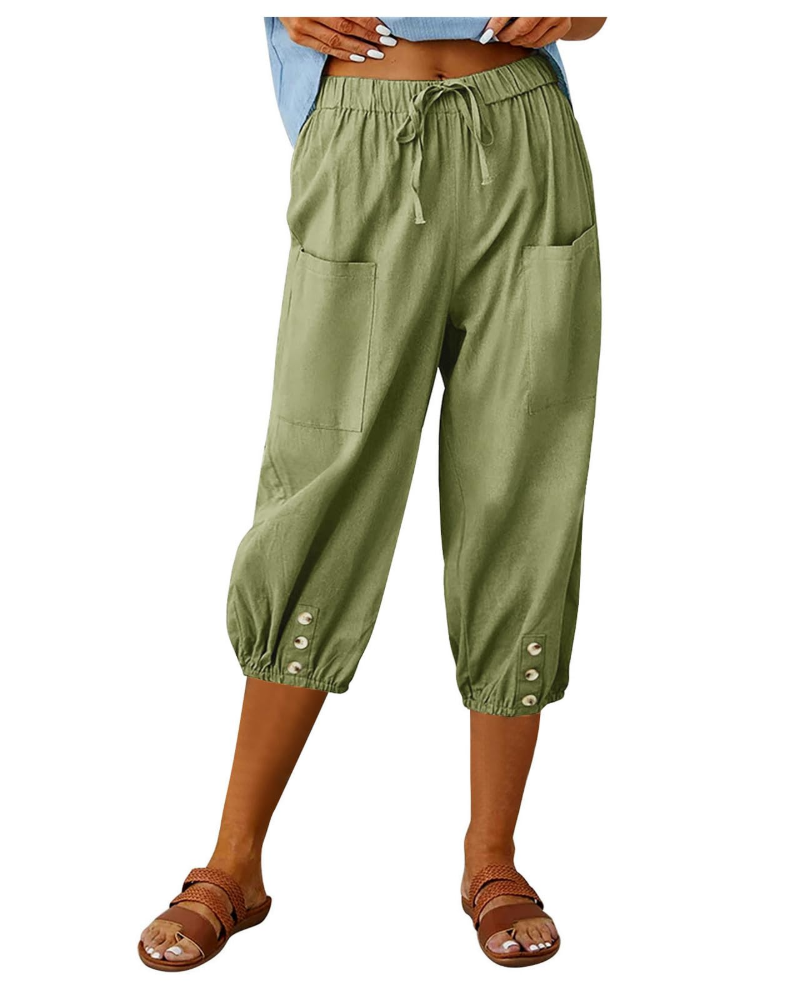 Aspen Pantalon Femme – Pantalon Large Coton Lin Taille Haute Élastique avec Poches