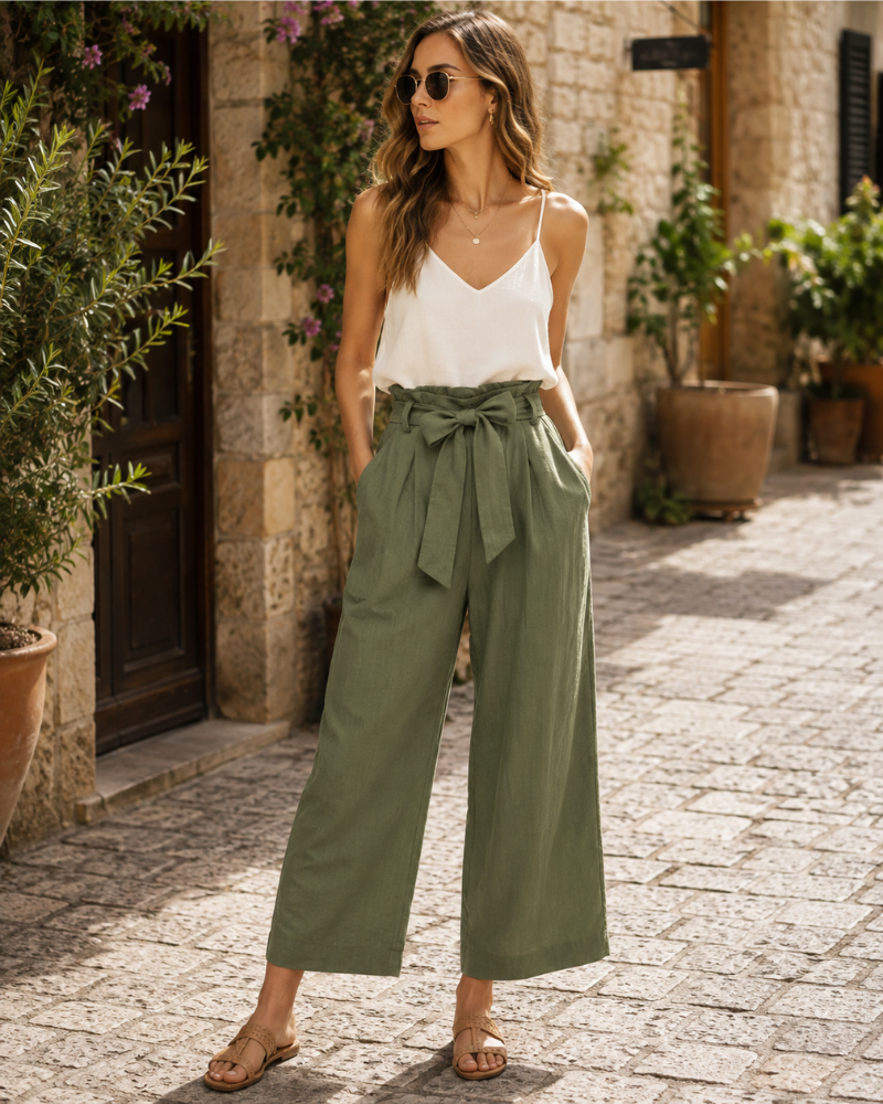Pantalón Sloane para mujer – Pantalón paperbag acampanado de talle alto con cinturón extraíble
