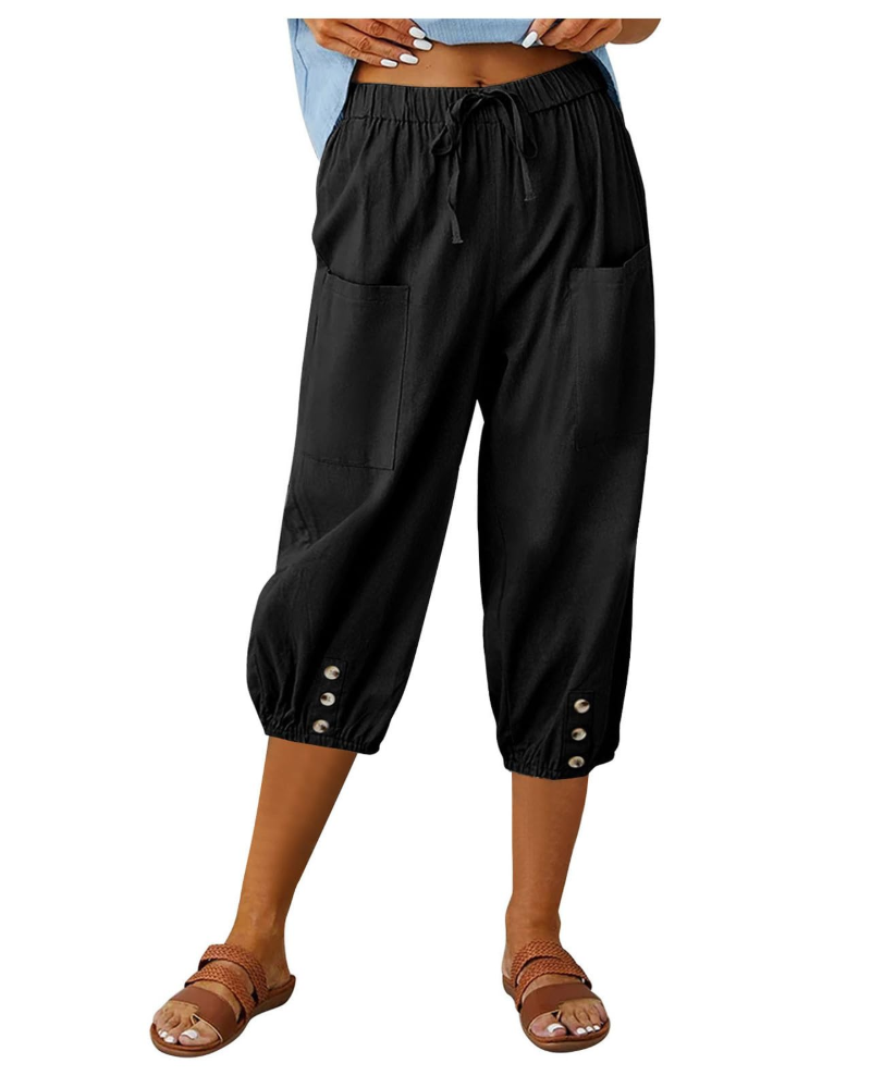 Pantaloni da donna Aspen – Pantaloni a gamba larga in cotone e lino, a vita alta, con elastico e tasche