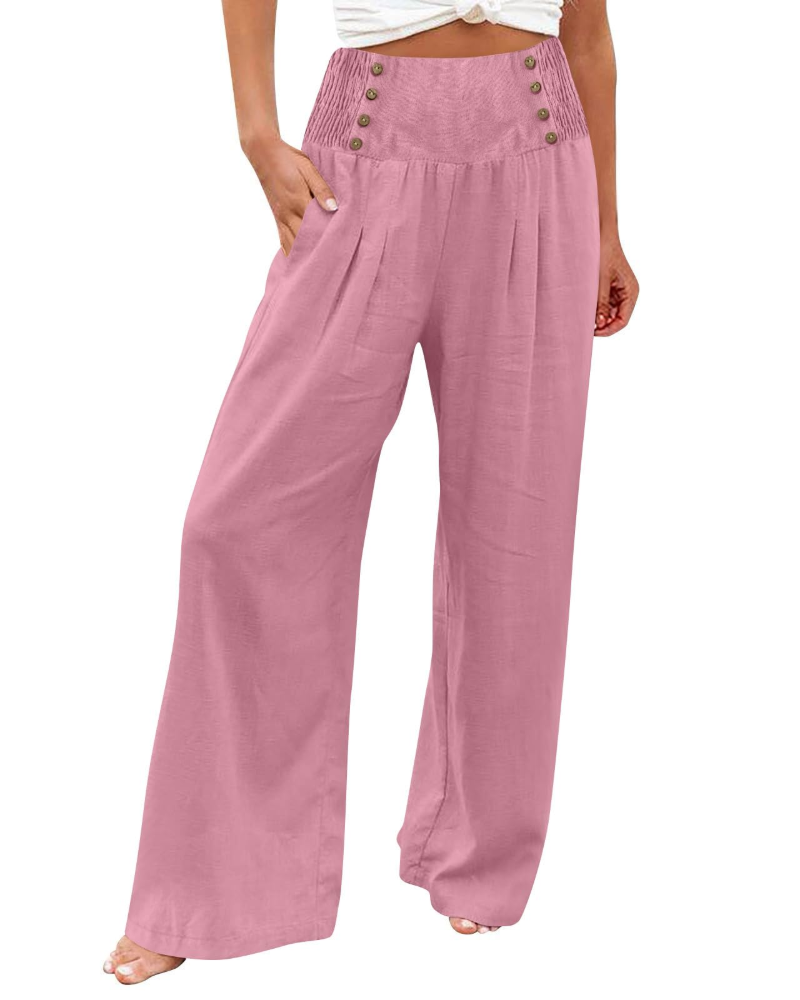 Pantalón de mujer Skylar – Pantalón ancho de algodón y lino, de cintura alta elástica y con bolsillos