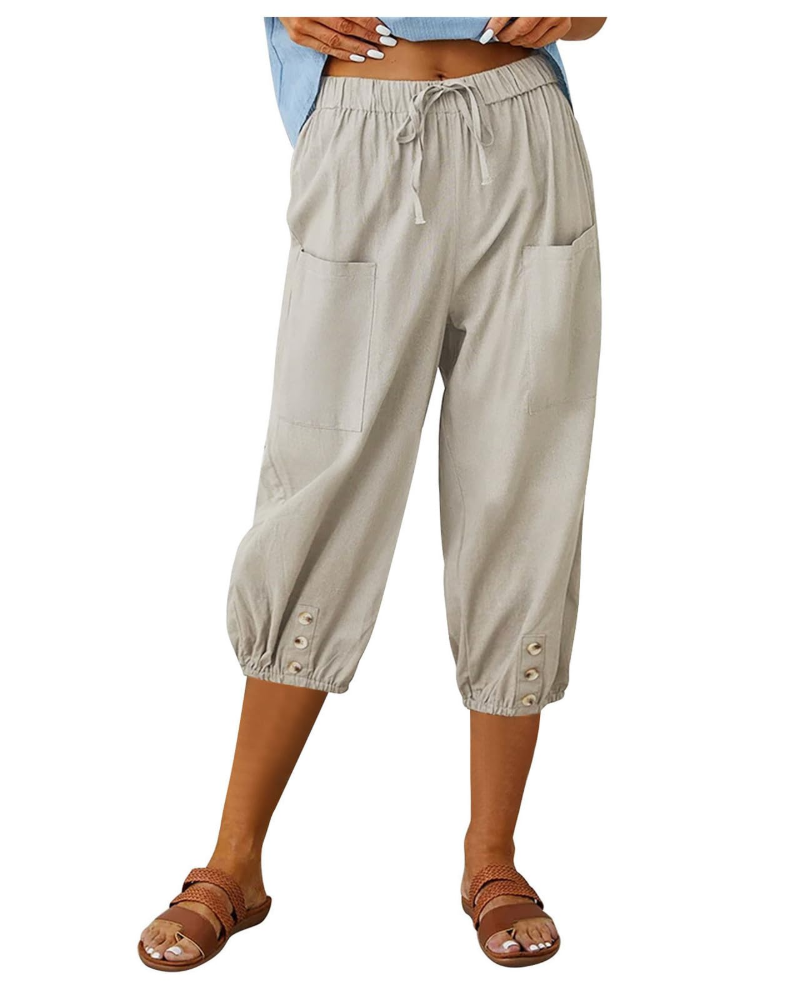 Aspen Pantalon Femme – Pantalon Large Coton Lin Taille Haute Élastique avec Poches