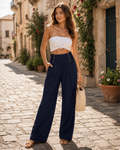 Skylar Women’s Pants – Wide-Leg Cotton-Linen High-Waisted Elastic Pants with Pockets