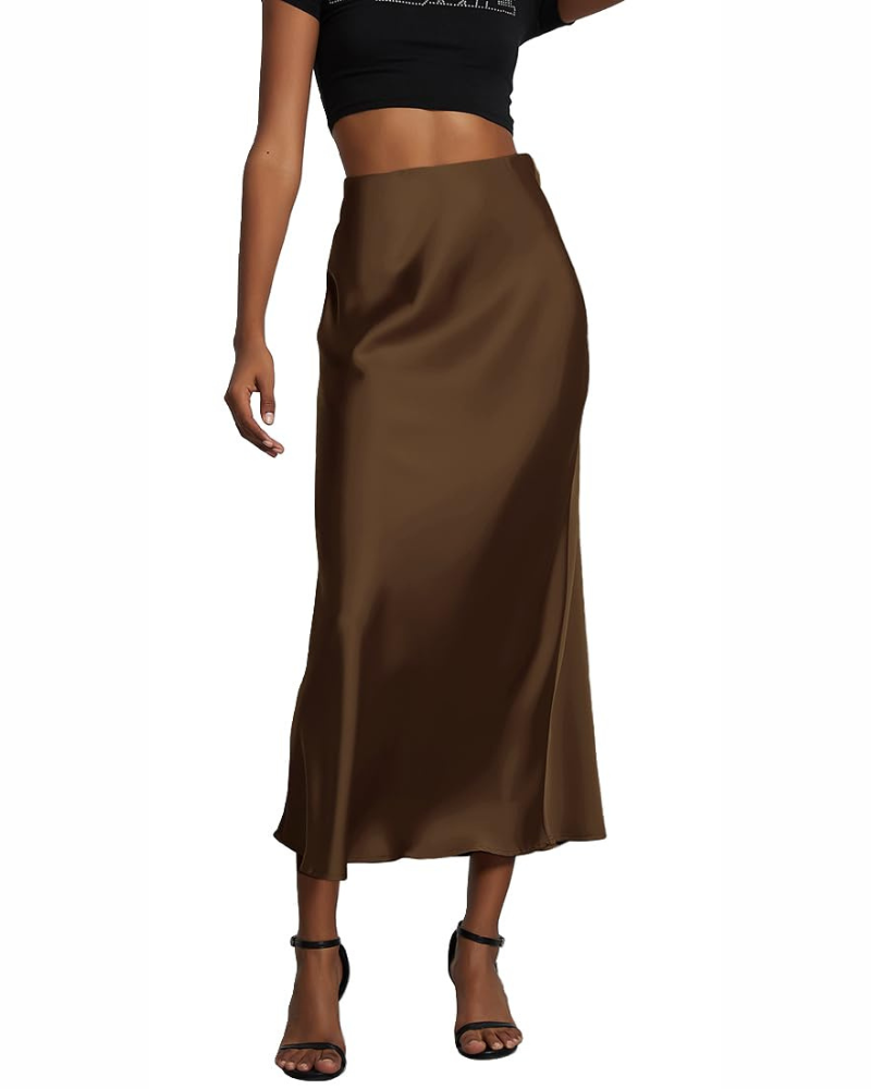 Gonna lunga da donna in satin, vita alta elastica, abito da donna in satin, linea A, colore uniforme, casual chic, elegante per la sera.
