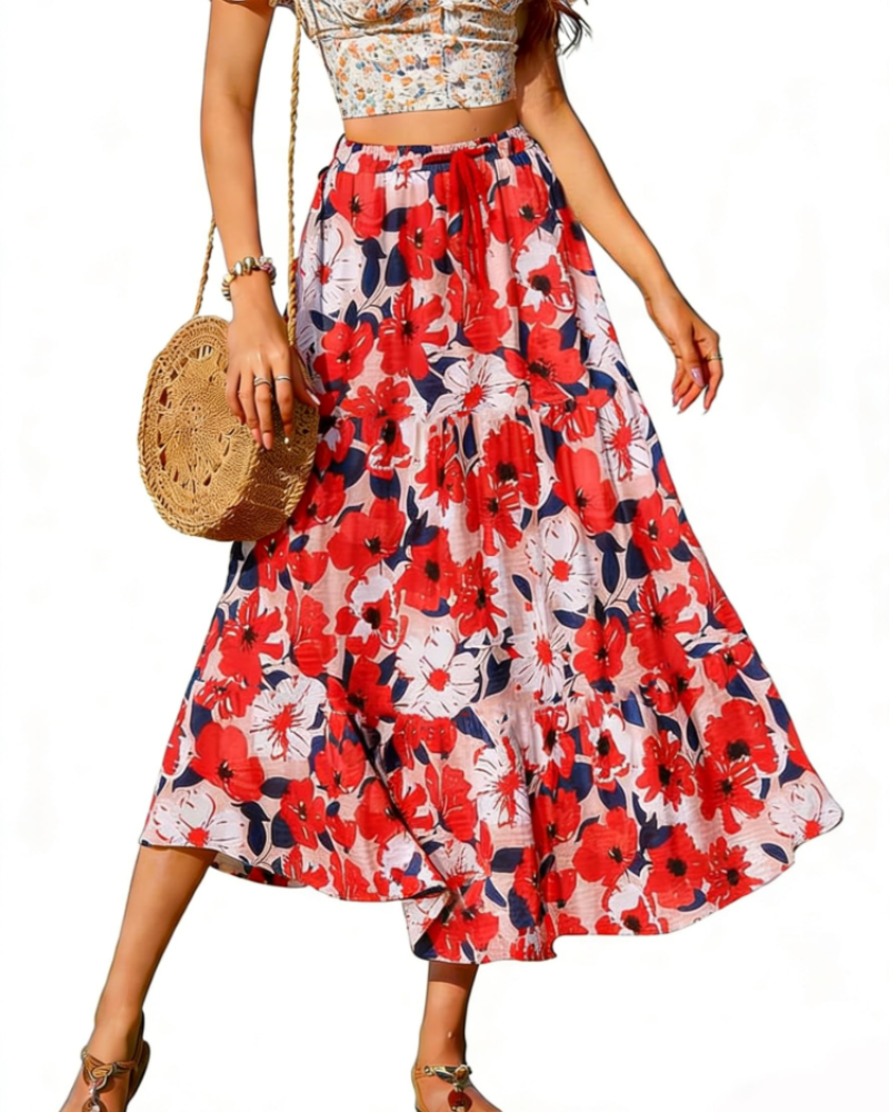 Brenda Jupe Longue Femme – Jupe Midi Taille Élastique Cordon Ajustable Poches Coupe Évasée