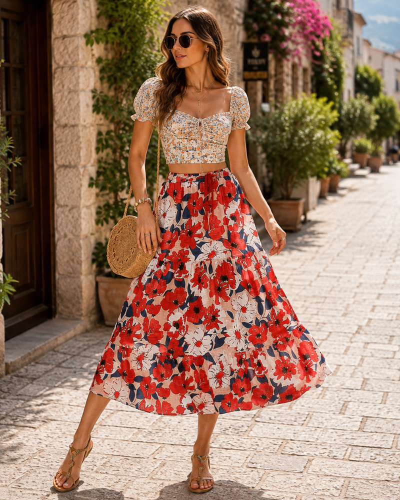 Brenda Jupe Longue Women’s Skirt – Midi Skirt with Elastic Waist, Adjustable Drawstring, Pockets, Flared Cut