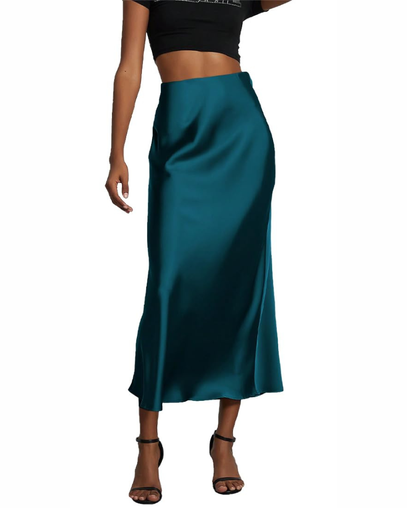 Gonna lunga da donna in satin, vita alta elastica, abito da donna in satin, linea A, colore uniforme, casual chic, elegante per la sera.