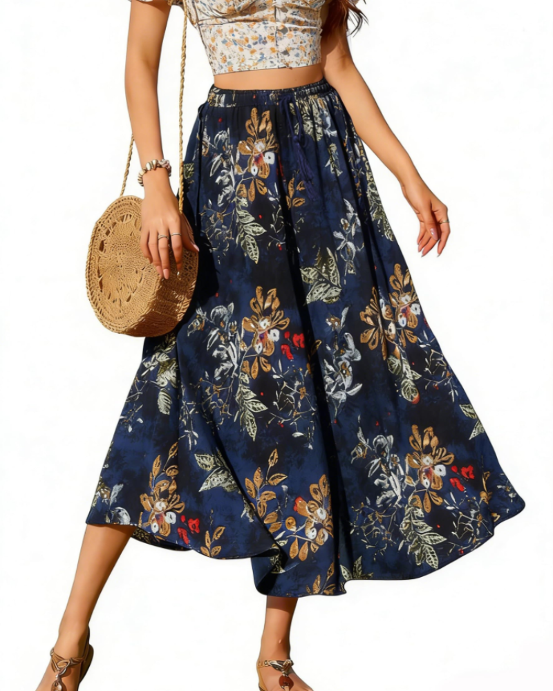 Gonna lunga Brenda Jupe da donna – Gonna midi con vita elastica, coulisse regolabile, tasche e taglio svasato