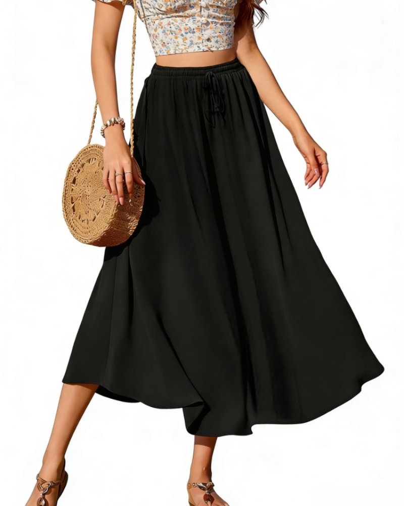 Gonna lunga Brenda Jupe da donna – Gonna midi con vita elastica, coulisse regolabile, tasche e taglio svasato