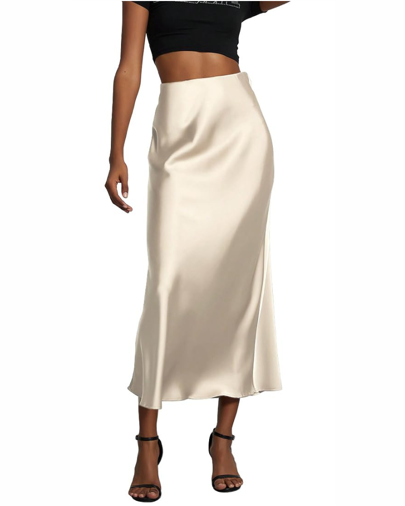 Jupe Longue Femme Jupe Satin Taille Haute Elastique Robe Femme Robe Satin Ligne A Couleur Unie Casual Chic Élégante Soirée