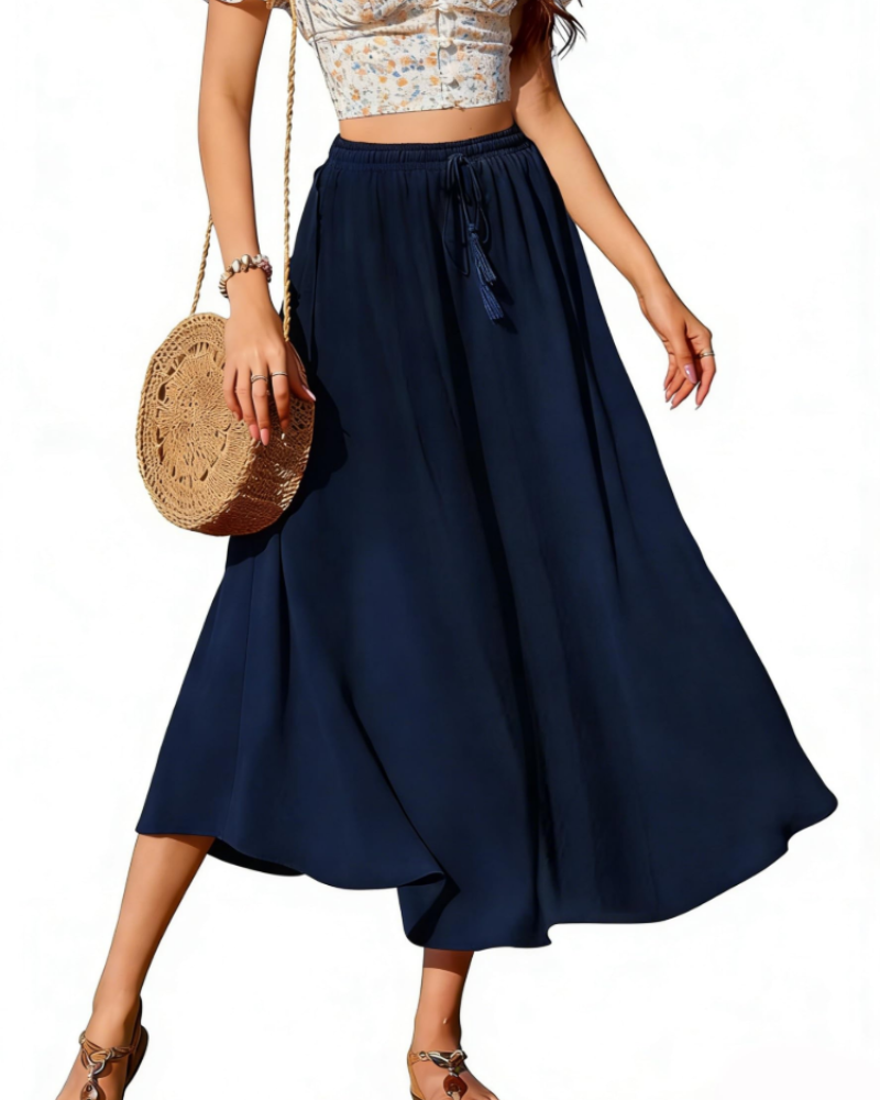 Gonna lunga Brenda Jupe da donna – Gonna midi con vita elastica, coulisse regolabile, tasche e taglio svasato