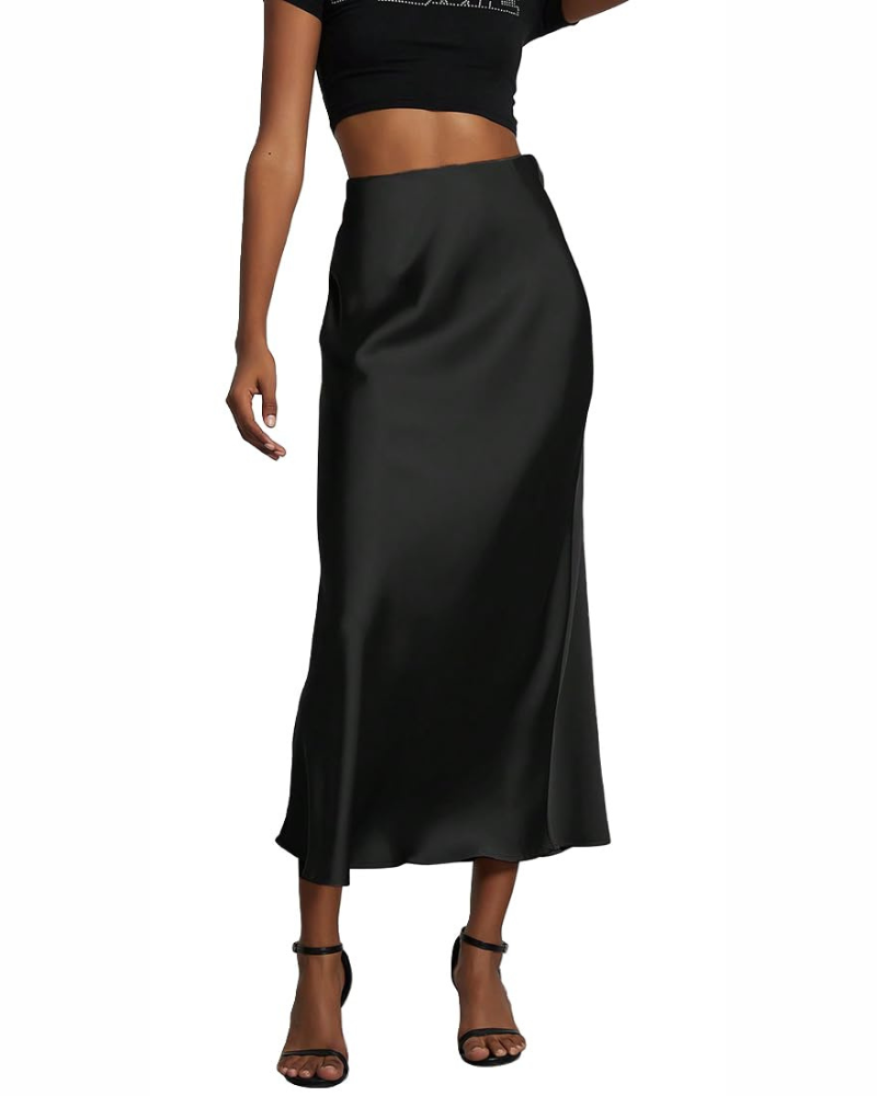 Gonna lunga da donna in satin, vita alta elastica, abito da donna in satin, linea A, colore uniforme, casual chic, elegante per la sera.
