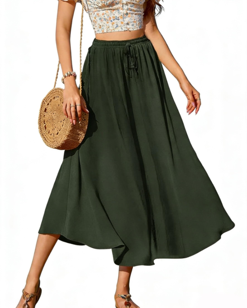 Gonna lunga Brenda Jupe da donna – Gonna midi con vita elastica, coulisse regolabile, tasche e taglio svasato