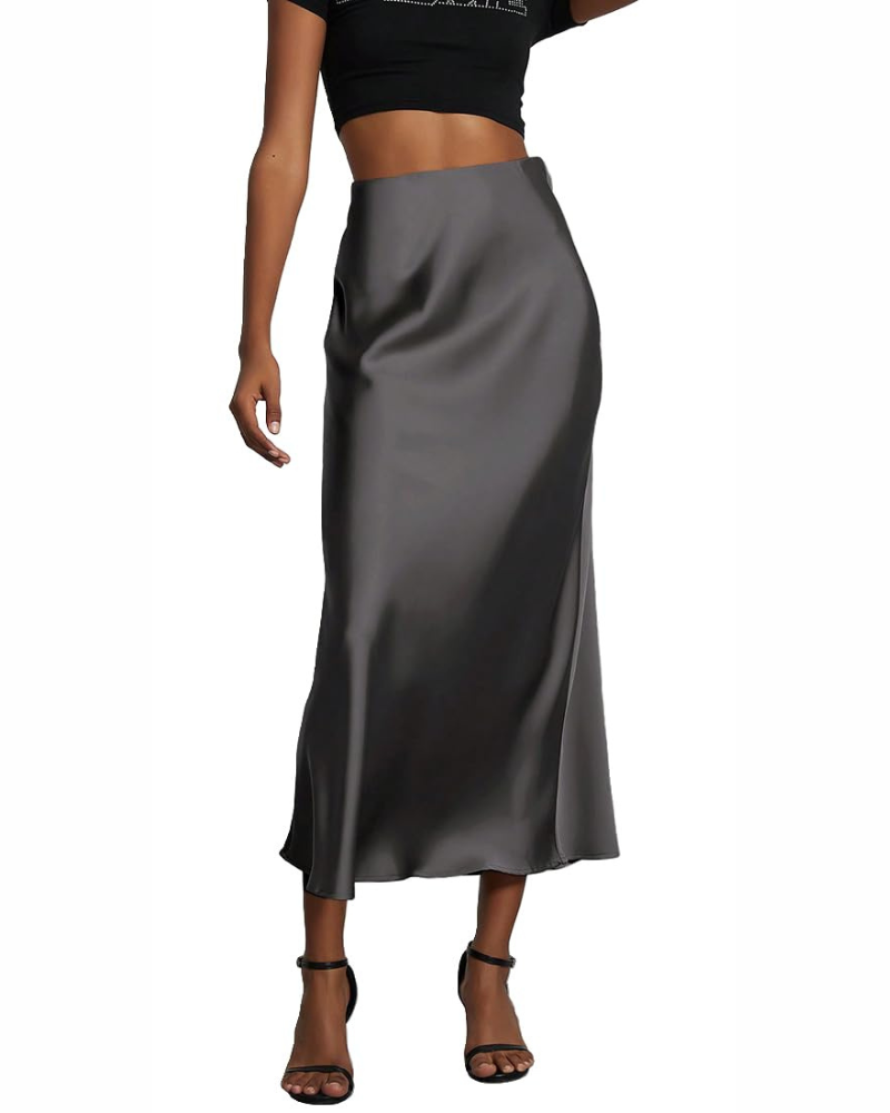 Gonna lunga da donna in satin, vita alta elastica, abito da donna in satin, linea A, colore uniforme, casual chic, elegante per la sera.