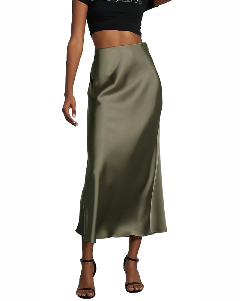 Gonna lunga da donna in satin, vita alta elastica, abito da donna in satin, linea A, colore uniforme, casual chic, elegante per la sera.