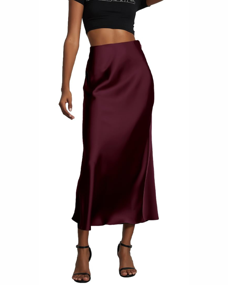 Gonna lunga da donna in satin, vita alta elastica, abito da donna in satin, linea A, colore uniforme, casual chic, elegante per la sera.