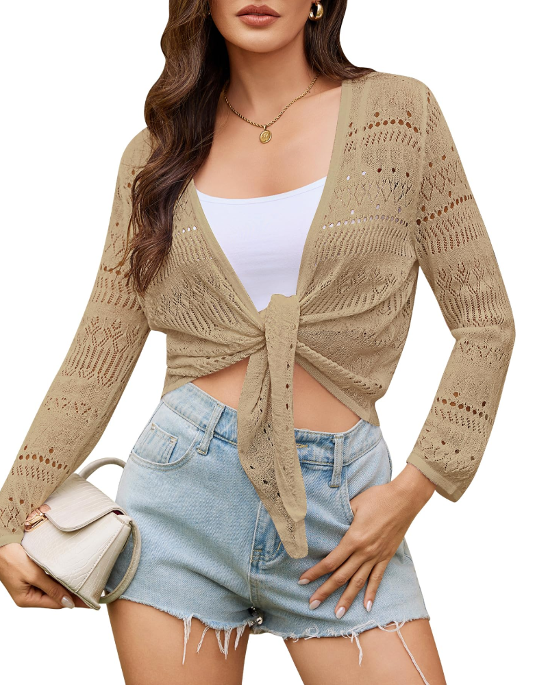Cárdigan Rowan para mujer – Bolero de crochet anudado delante, de manga larga y tejido calado