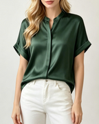 Campbell Chemisier Femme – Blouse Satinée Col Mandarin Manches Courtes Retroussées Élégante