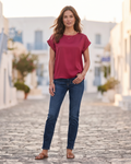 Lennox Chemisier Femme – Blouse Satinée Col Rond Manches Courtes Épaules Tombantes Élégante