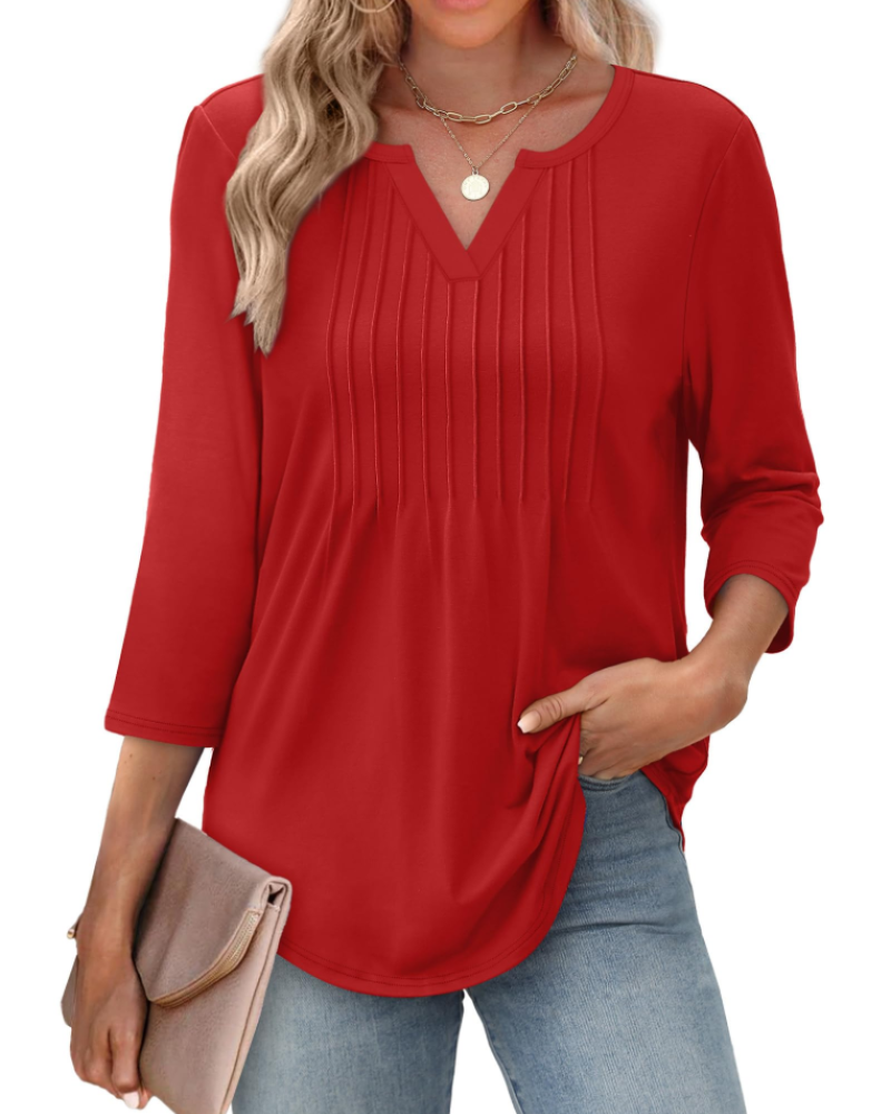 Chelsea Blouse Women’s – V-Neck Top with 3/4 Pleated Sleeves Casual Elegant  
