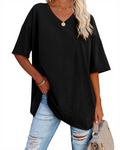 Natalie T-Shirt Femme – Haut Oversize Col V en Coton à Manches Courtes Uni