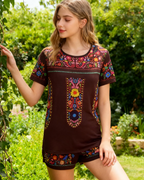 Blusa Naomi para mujer – Top bohemio bordado floral mangas cortas cuello redondo corte amplio