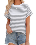 Tatum Women's Oversized T-shirt – Striped Round Neck Half-Sleeve Blended Cotton Top