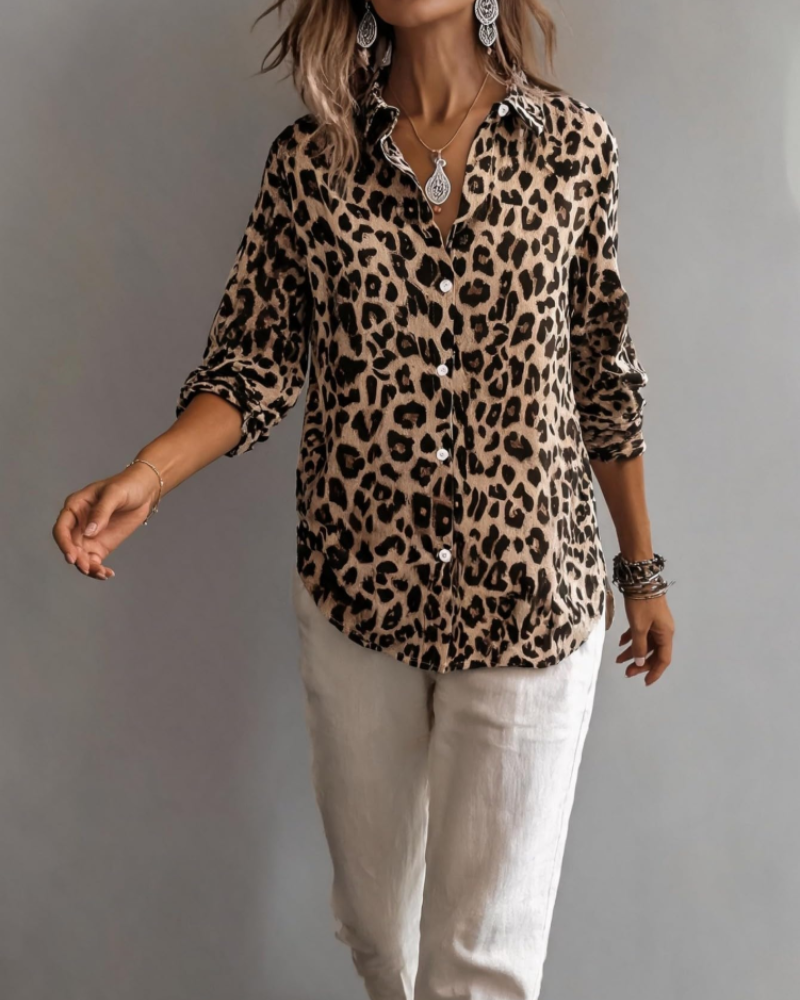 Tinsley Chemisier Femme – Chemise Satinée Léopard à Manches Longues Boutonnée Élégante