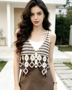 Cardigan donna Brianna – Gilet corto senza maniche in crochet stile etnico con bottoni