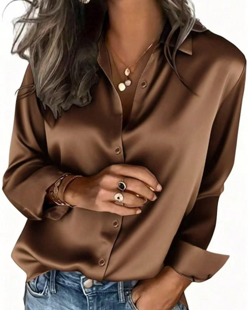 Aubrey Chemisier Femme – Blouse Satinée Boutonnée Effet Soie Manches Longues Élégante