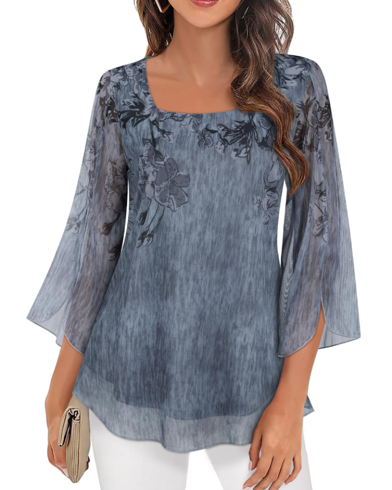 Phoebe Blouse Women’s – Square Neck Chiffon Top with 3/4 Flared Sleeves Floral Print  