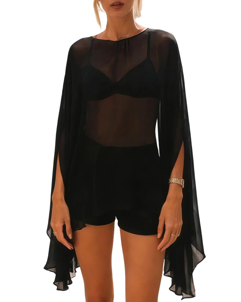 Cassidy Poncho Femme – Poncho Maille Ajourée Asymétrique Léger Style Plage Élégant