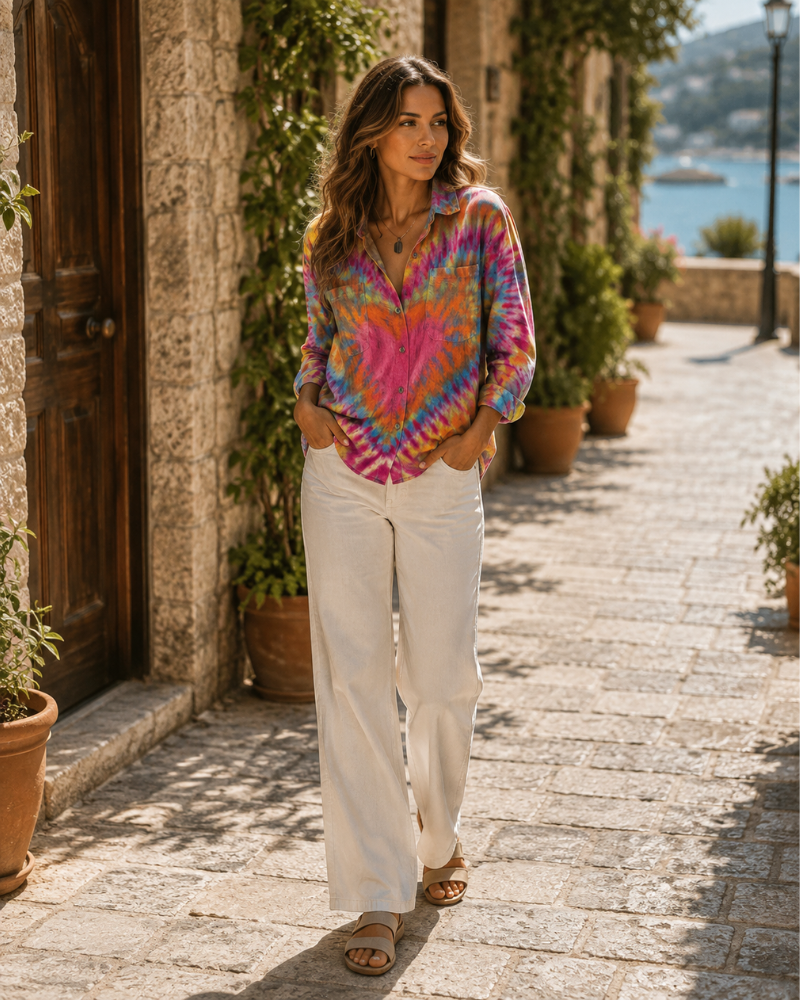 Blusa Lina para Mujer – Blusa Vintage con Estampado de Colores, Corte Holgado y Estilo Bohemio Chic