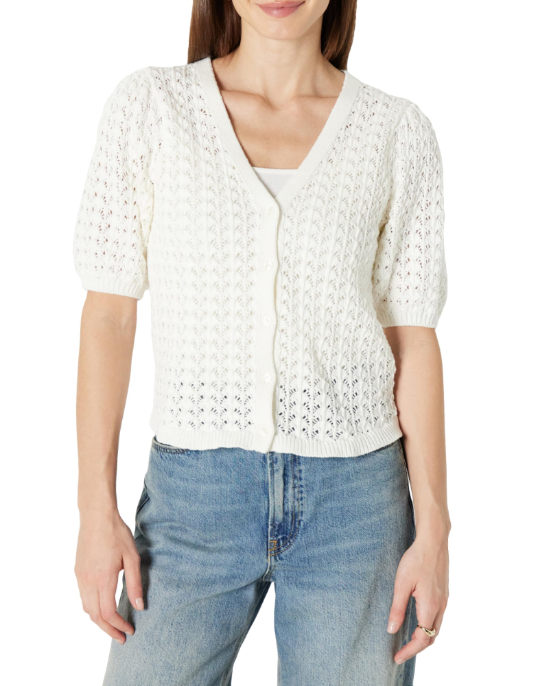 Harper Women's Top – V-Neck Buttoned Crochet Short Sleeve Cotton Top