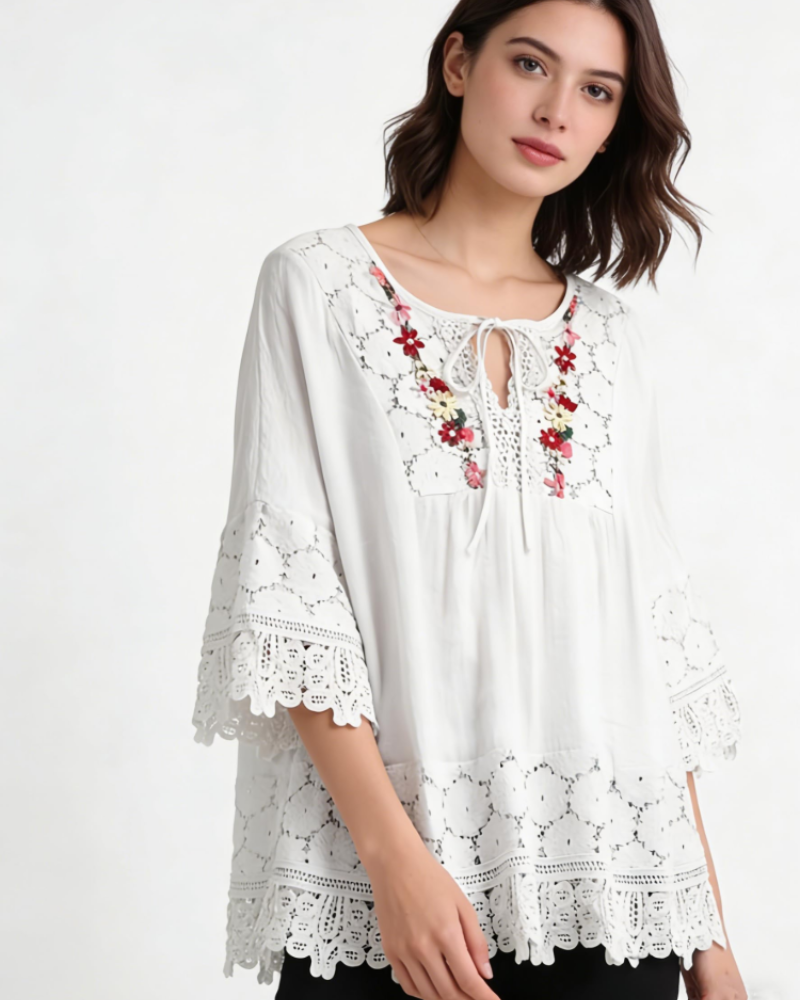 Whitney Women's Blouse – Bohemian V-Neck Tie Top with 3/4 Bell Sleeves, Floral Embroidery, and Lace
